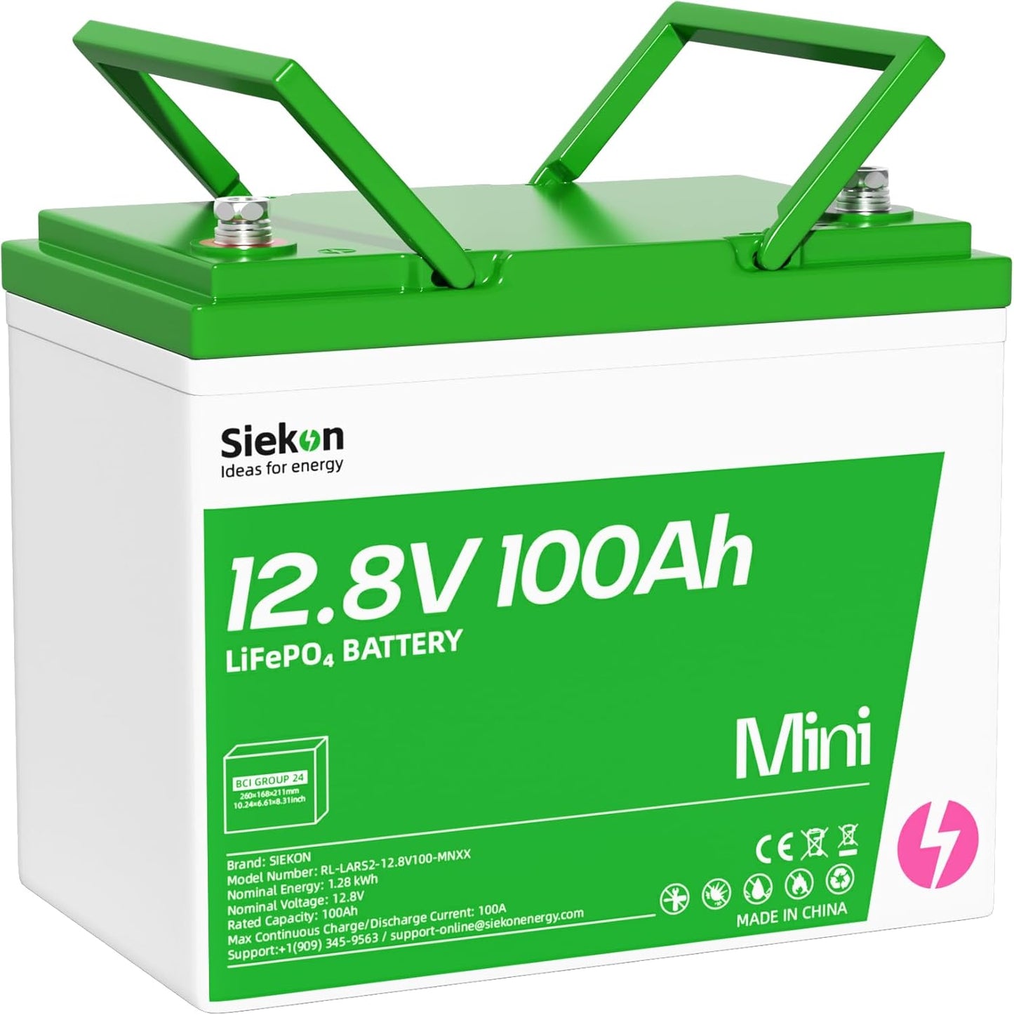 SIEKON Mini 12V 100Ah LiFePO4 Battery, BCI Group 24 Lithium Battery Built-in 100A BMS, Up to 15000 Cycles, Low-Temp Protection Iron Phosphate Deep Cycle...