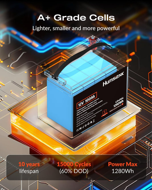 HumsiENK 12V 100Ah LiFePO4 Battery Lithium Built In 100A Smart BMS, Portable Group 24