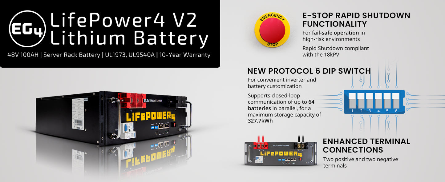 EG4-LifePower4 V2 Lithium Battery | 48V 100AH | Server Rack Battery | UL1973, UL9540A | 10-Year Warranty