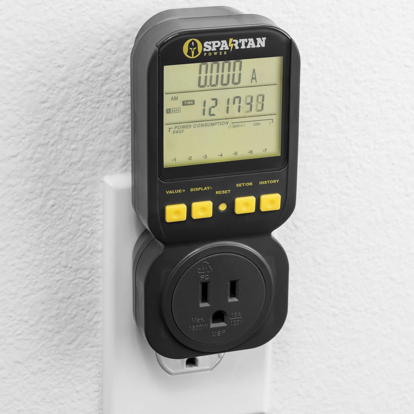 Spartan Power Electricity Usage Monitor Watt Meter with 15A Outlet, 1800 Watt Maximum SP-PM120