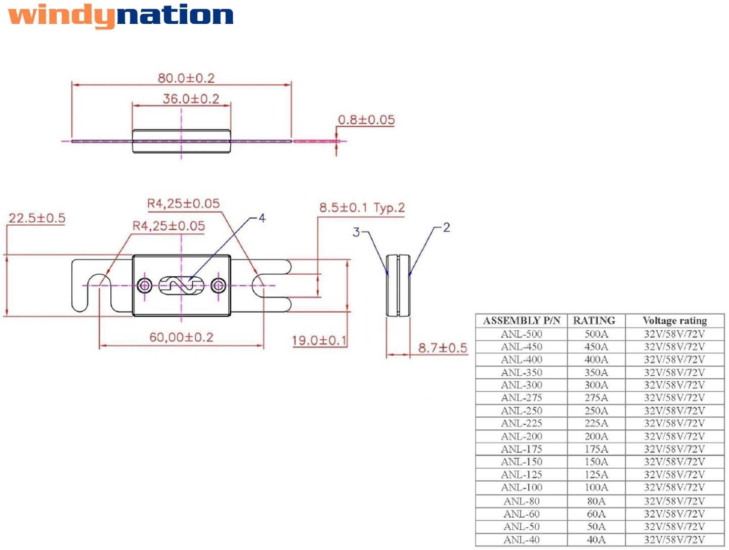 WindyNation ANL Fuse Holder + 2pcs ANL Fuses 150A
