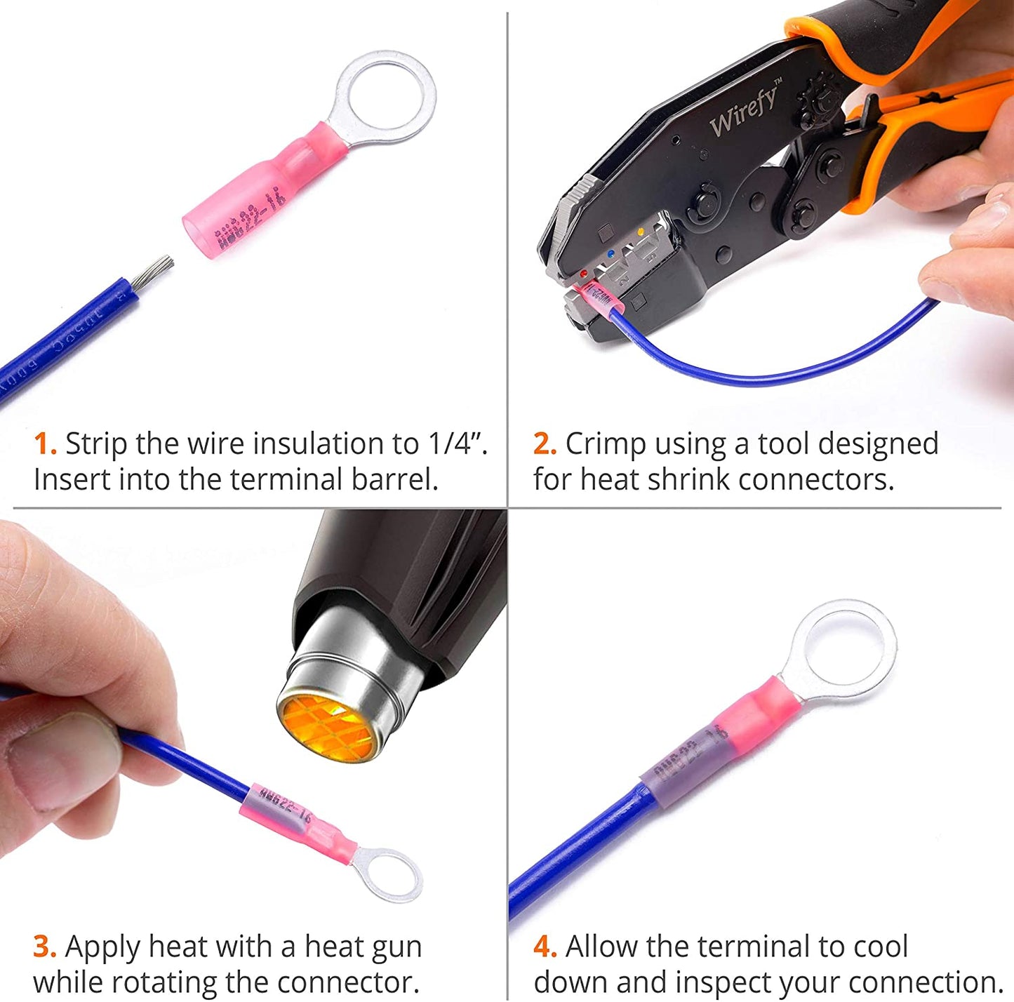 Wirefy 150 PCS Ring Terminals 1/4" Red 22-16 AWG - Heat Shrink Crimp Solderless Wire Connector Kit