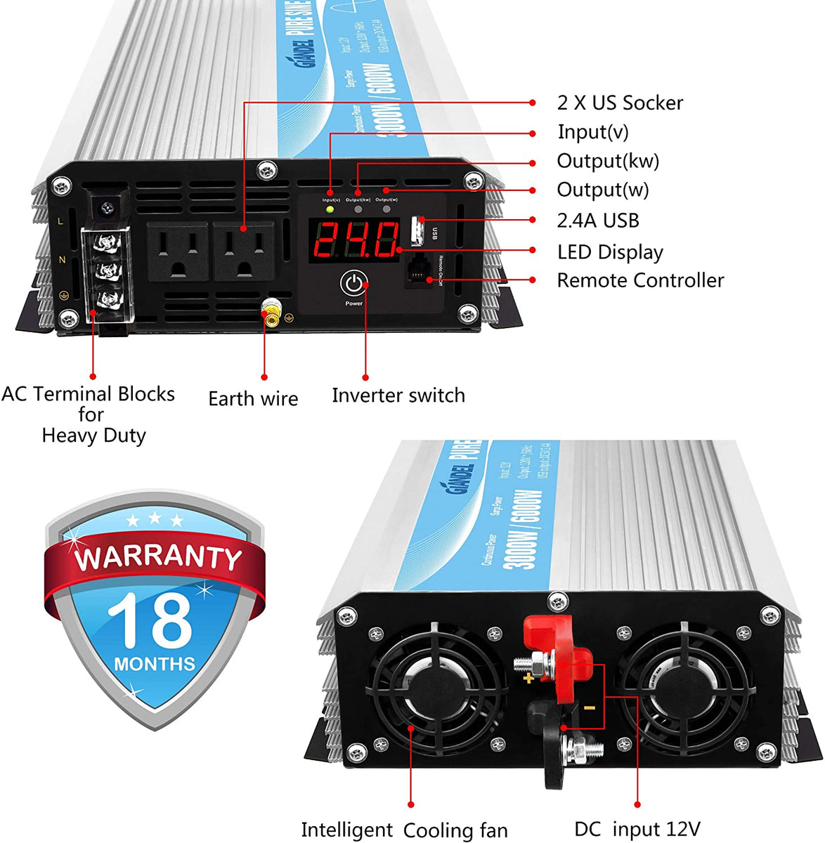 Giandel 3000W Pure Sine Wave Power Inverter DC 24V to AC120V – Jag35