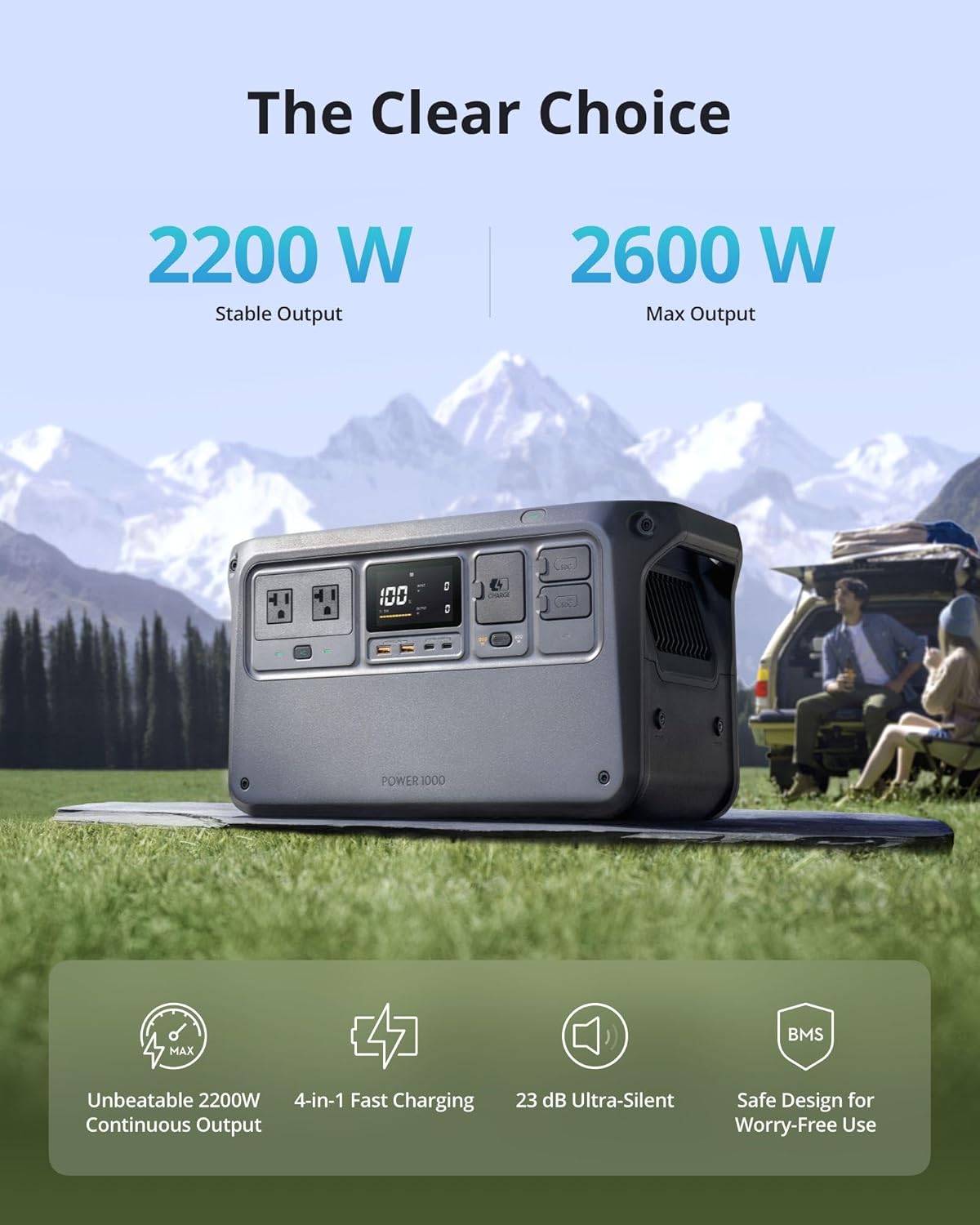 DJI Power 1000 Portable Power Station, 1024Wh LiFePO4 Battery, 2200W (Peak 2600W) AC/140W USB-C Output, 23db Ultra-Silent, Solar Generator For Home Backup, Camping