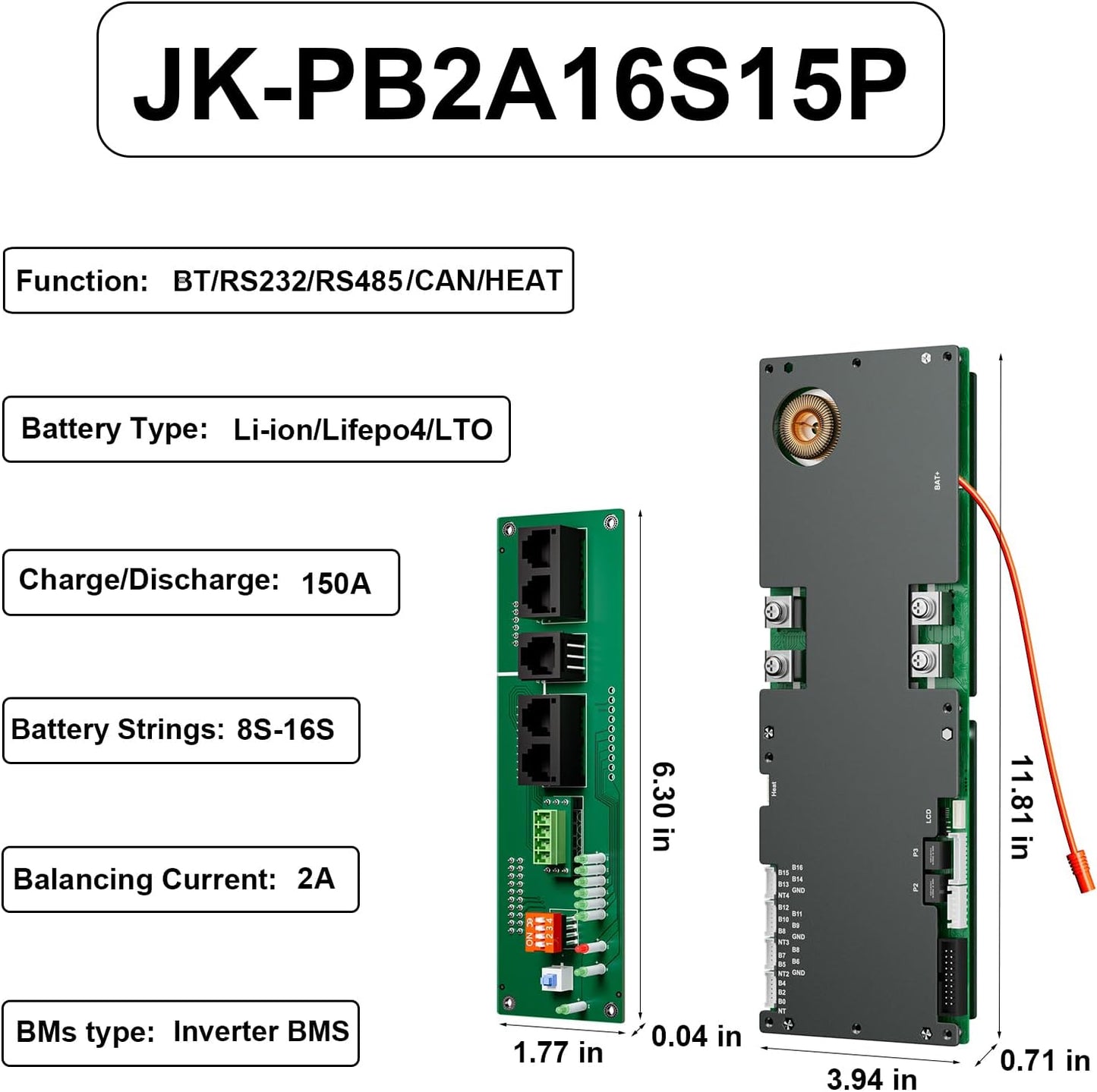 JKBMS Inverter BMS 8S-16S 24V-48V 150A Home Energy Storage BMS 2A Active Balance Built-in Bluetooth