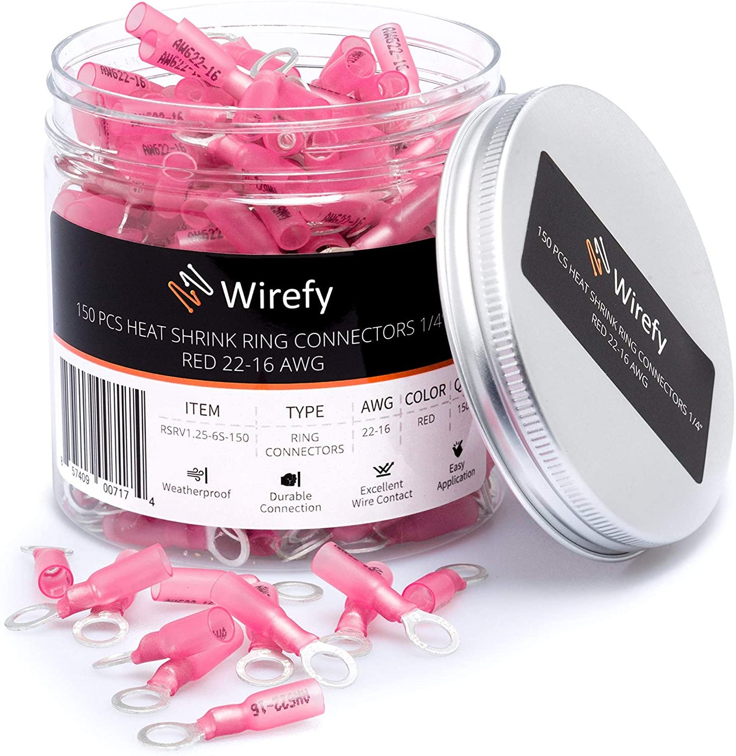 Wirefy 150 PCS Ring Terminals 1/4" Red 22-16 AWG - Heat Shrink Crimp Solderless Wire Connector Kit