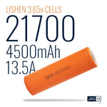 Lishen LR2170 21700 Li-ion Cells 3.6v, 4000mAh 12A / 4500mAh 13.5A